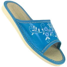 Niebieskie pantofle damskie w kwiaty, wygodne kapcie damskie, papcie - numer 255