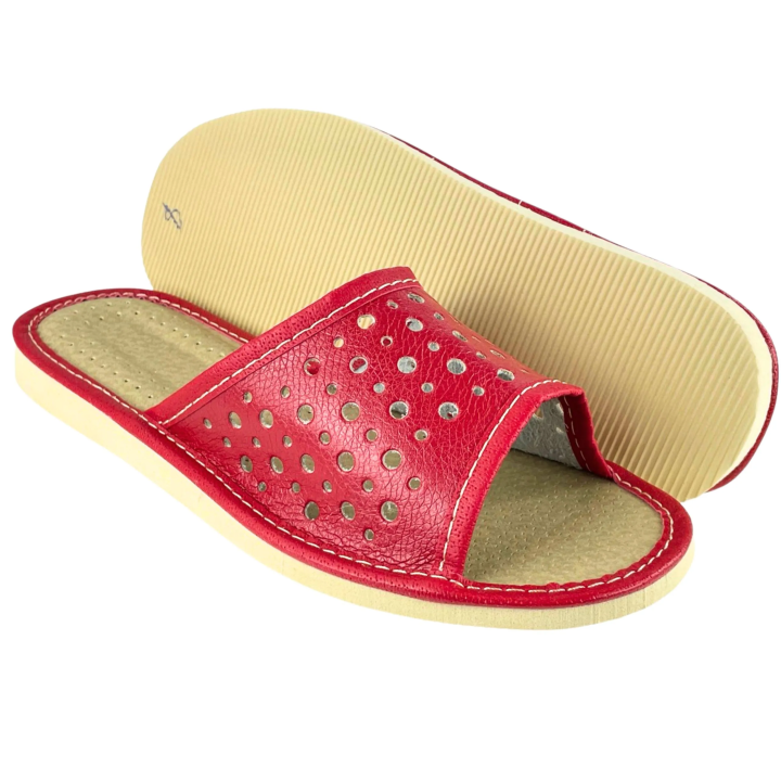 Czerwone tanie pantofle domowe, wygodne kapcie damskie, obuwie domowe damskie