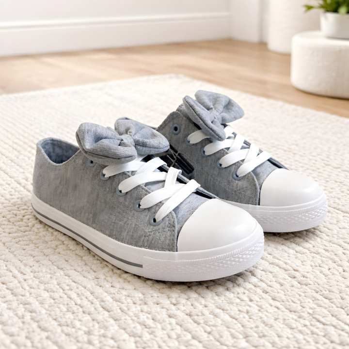 Trampki dziecięce szare uniwersalne, ściągana kokardka