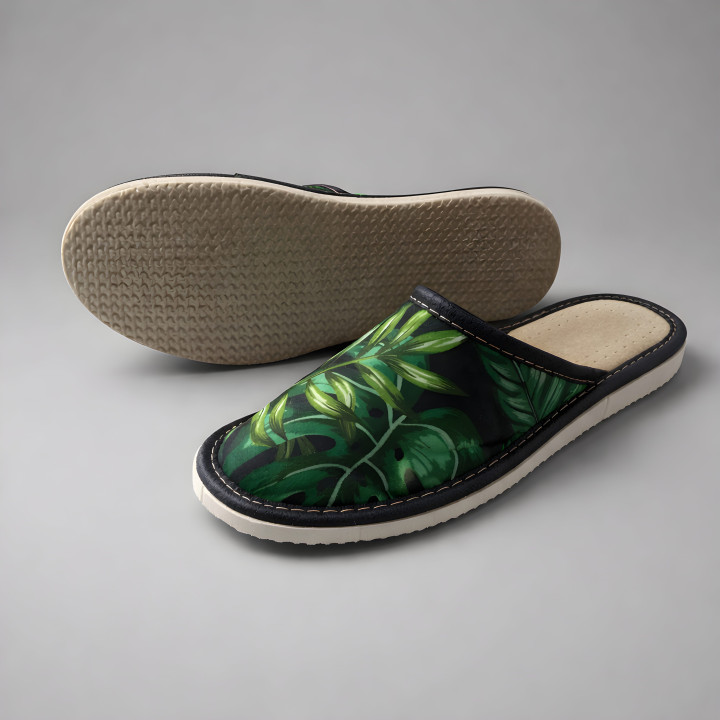 Domowe kapcie kryte, Pantofle damskie z motywem liści