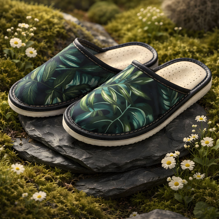 Domowe kapcie kryte, Pantofle damskie z motywem liści