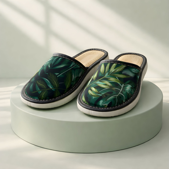 Domowe kapcie kryte, Pantofle damskie z motywem liści