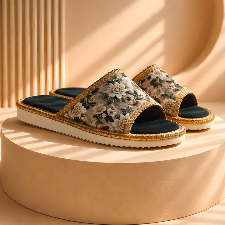Klapki damskie z ozdobnym paskiem, stylowe i wygodne obuwie domowe