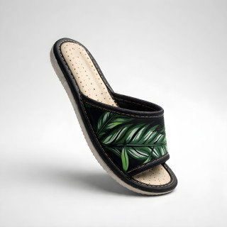 Domowe klapki zielone, przytulne kapcie z motywem liści