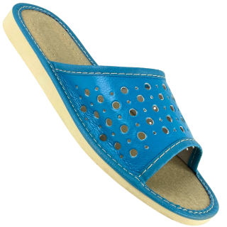 Niebieskie laczki damskie, pantofle domowe kobiece, ażurowe kapcie domowe