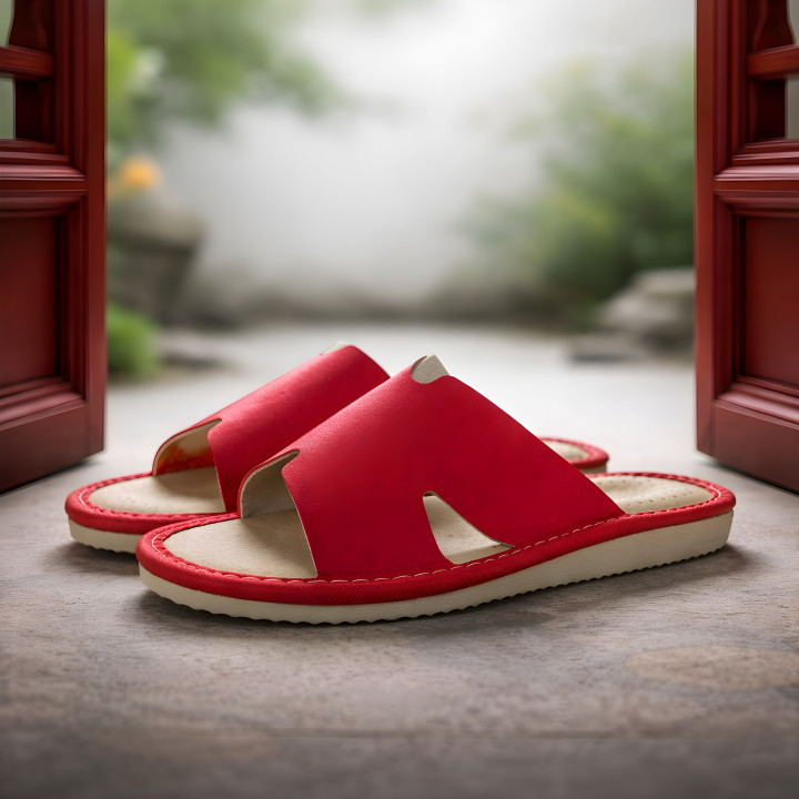 Czerwone klapki domowe, kapcie damskie z wycięciami