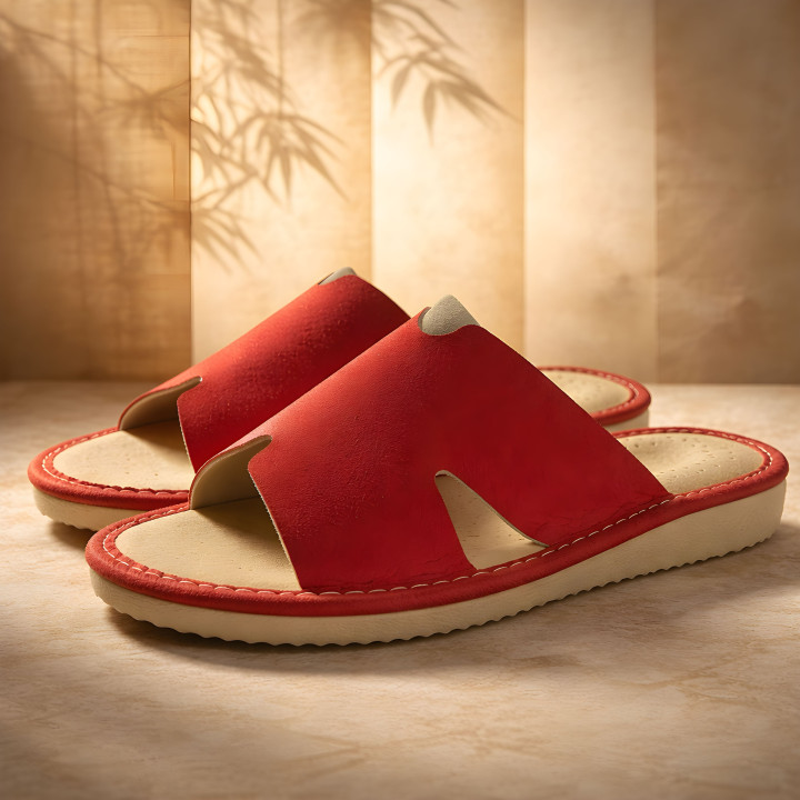 Czerwone klapki domowe, kapcie damskie z wycięciami