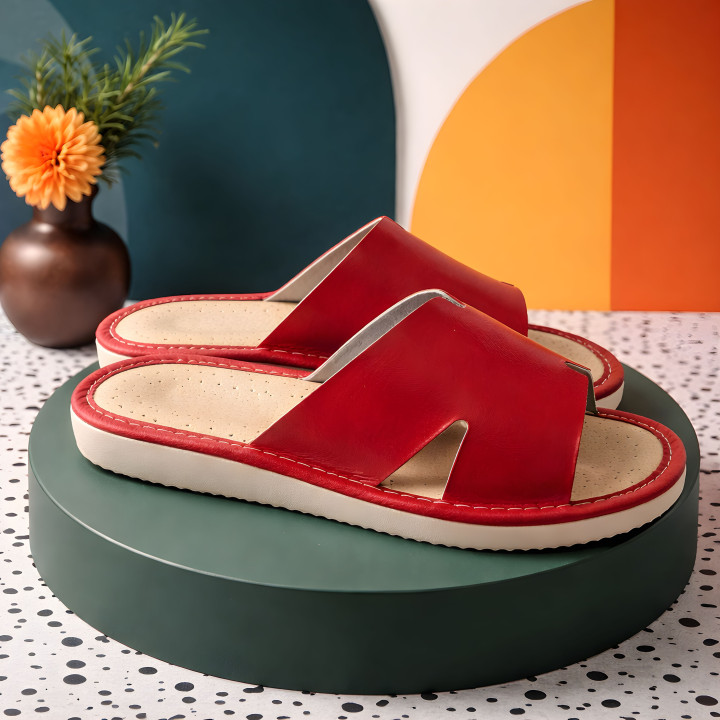 Czerwone klapki domowe, kapcie damskie z wycięciami