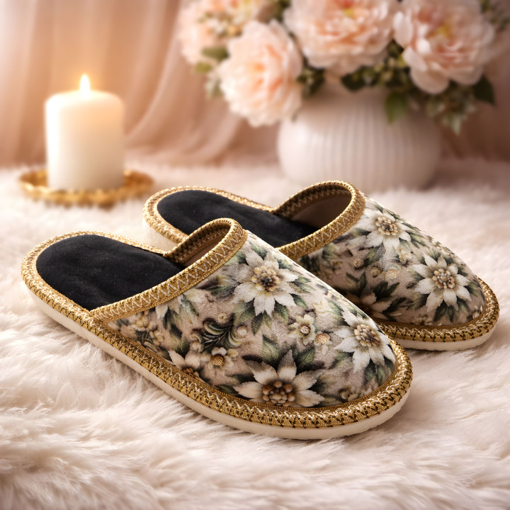 Kapcie dziecięce kryte, pantofle domowe w kwiaty