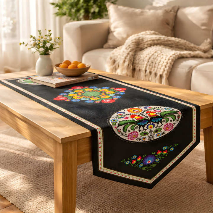 Bieżnik w stylu łowickim, czarny bieżnik dekoracyjny