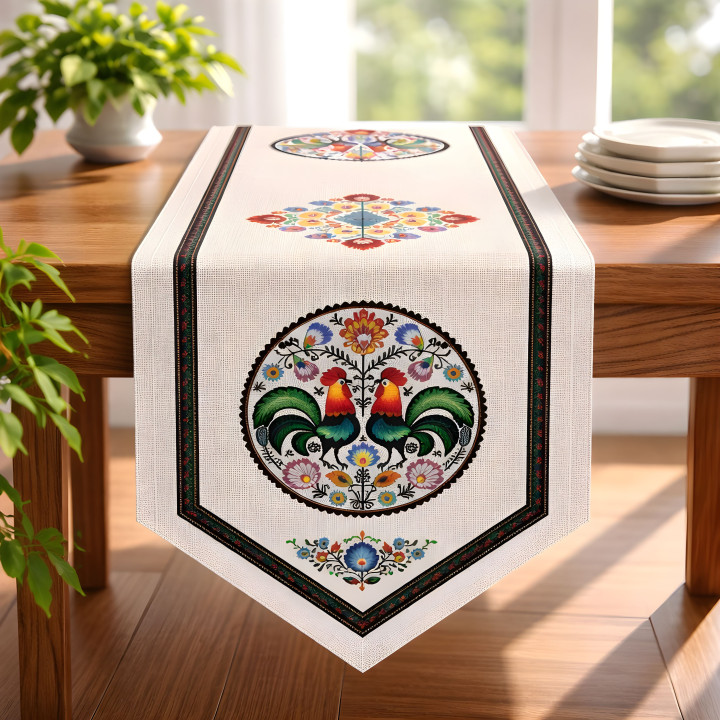 Biały bieżnik dekoracyjny, bieżnik w stylu łowickim