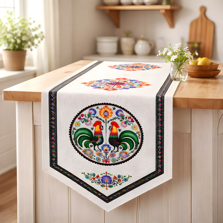 Biały bieżnik dekoracyjny, bieżnik w stylu łowickim