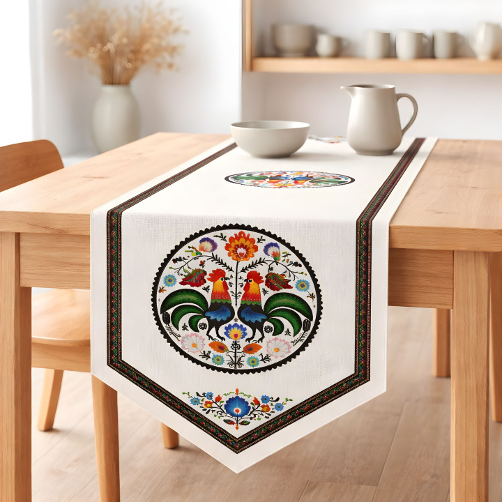 Biały bieżnik dekoracyjny, bieżnik w stylu łowickim