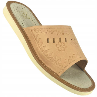 SUPER WYGODNE Kapcie Damskie SKÓRA - Naturalny Kolor GÓRALSKI WZÓR Pantofle