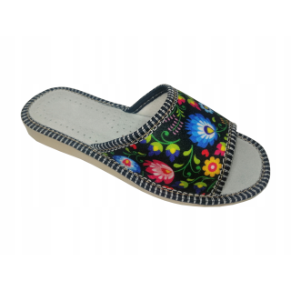 Wygodne kapcie damskie skórzane, wzór Łowicki