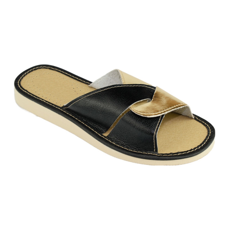 Odkryte kapcie damskie ze złotą wstawką, czarne pantofle damskie