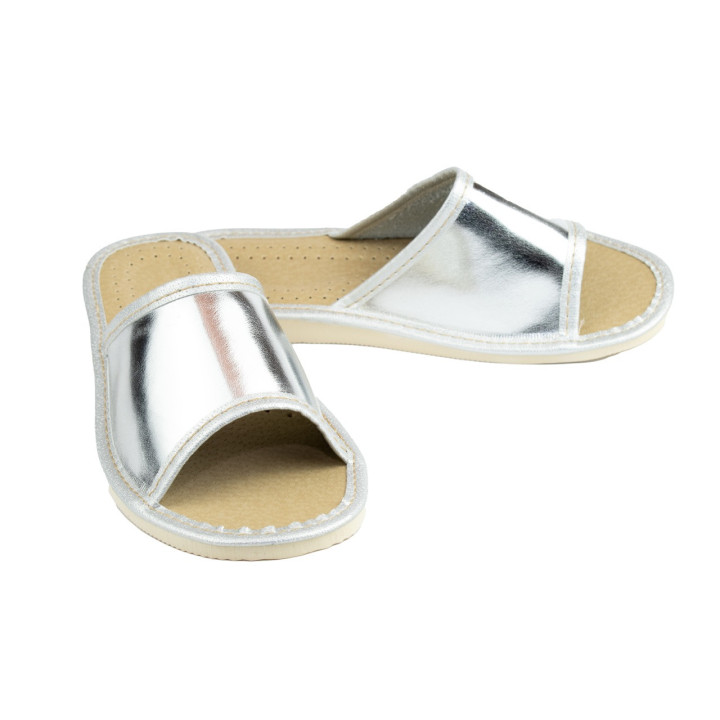 Srebrne pantofle damskie, kapcie laczki damskie domowe