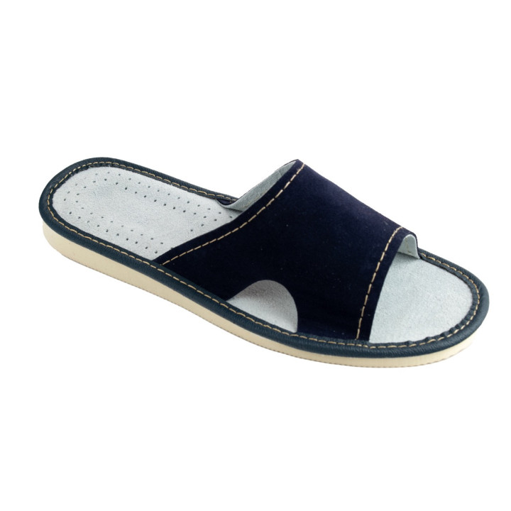 Skórkowe, granatowe pantofle domowe damskie z wycięciami po bokach