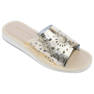 Złote pantofle damskie domowe "Rozeta", wygodne ciapy damskie domowe