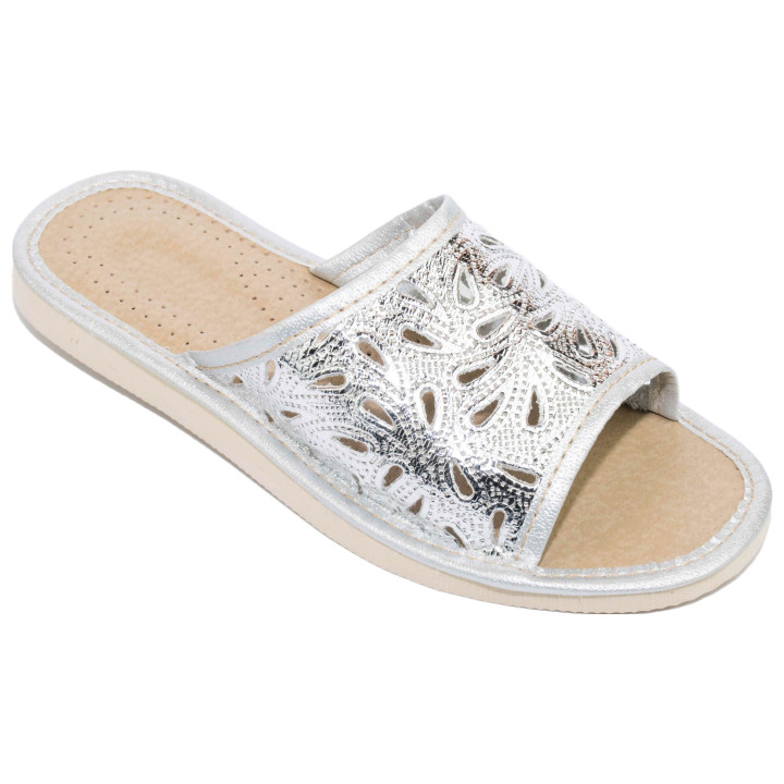 Pantofle srebrne damskie, wygodne kapcie domowe, klapki damskie