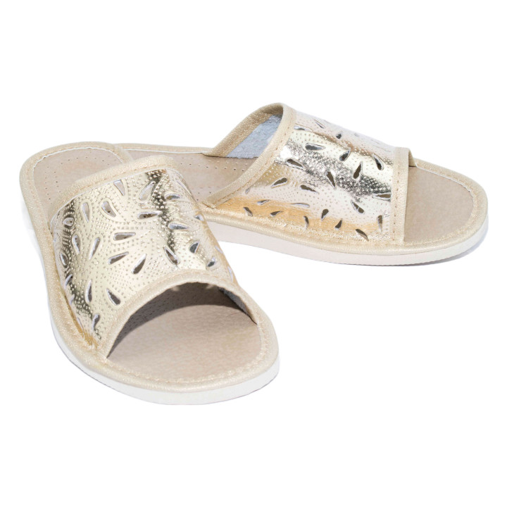 Pantofle złote damskie, wygodne kapcie domowe, klapki damskie