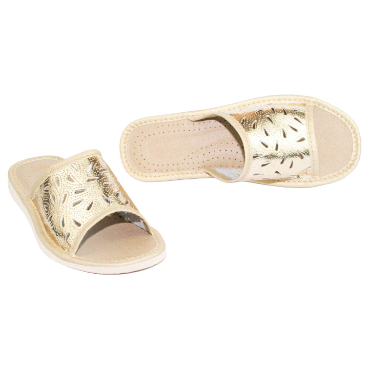 Pantofle złote damskie, wygodne kapcie domowe, klapki damskie