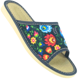 Pantofle domowe damskie z wzorem łowickim, odkryte palce