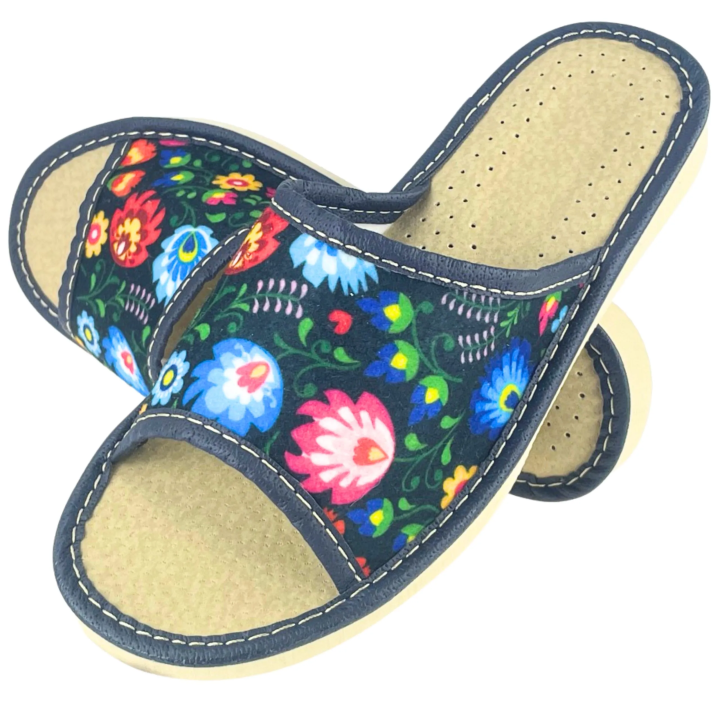 Pantofle domowe damskie z wzorem łowickim, odkryte palce