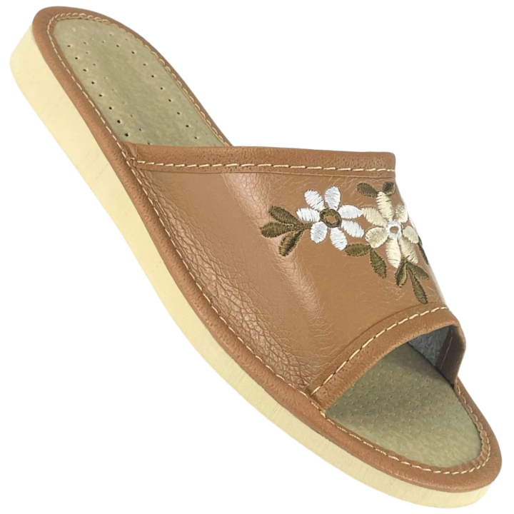 Brązowe pantofle damskie w kwiaty, wygodne kapcie damskie, papcie