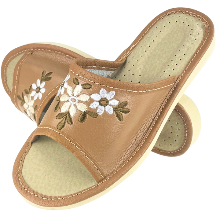 Brązowe pantofle damskie w kwiaty, wygodne kapcie damskie, papcie