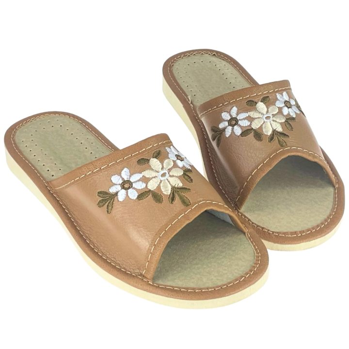 Brązowe pantofle damskie w kwiaty, wygodne kapcie damskie, papcie