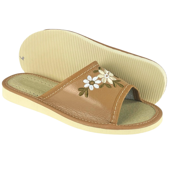 Brązowe pantofle damskie w kwiaty, wygodne kapcie damskie, papcie