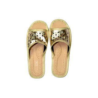 Kapcie ażurowe dasmkie złote, licówkowa cholewka