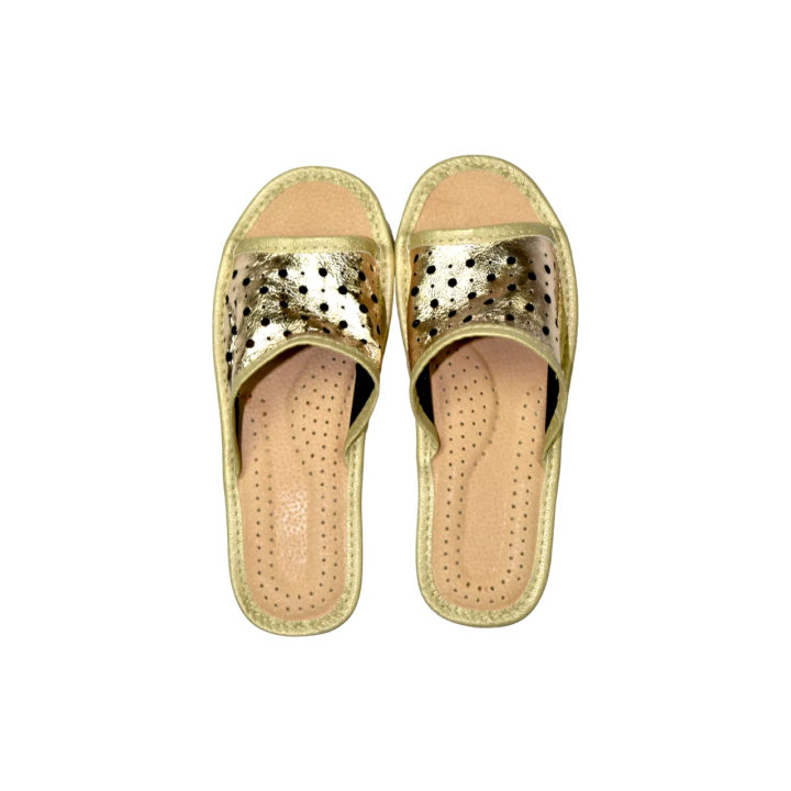 Kapcie ażurowe dasmkie złote, licówkowa cholewka