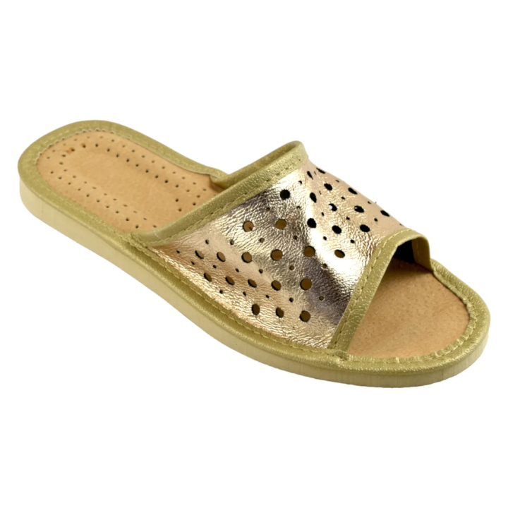 Kapcie ażurowe dasmkie złote, licówkowa cholewka