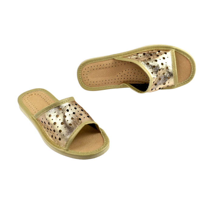 Kapcie ażurowe dasmkie złote, licówkowa cholewka