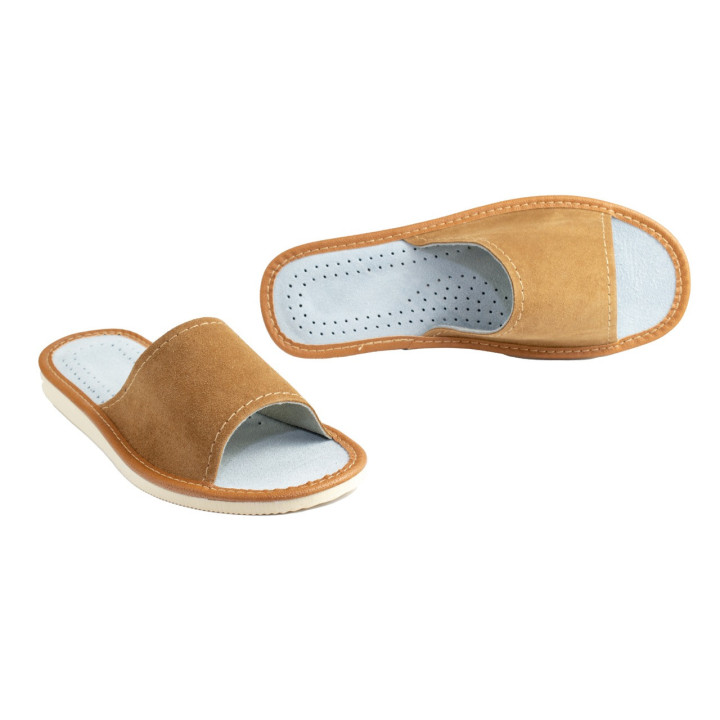 Skórkowe naturalne kapcie damskie zamszowe, welurowe klapki domowe