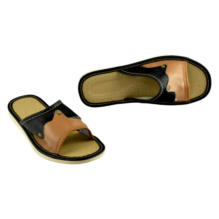 Pantofle damskie łączone kolorami, cappuccino czarny