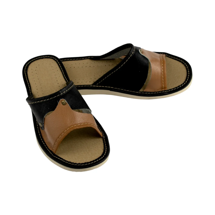 Pantofle damskie łączone kolorami, cappuccino czarny