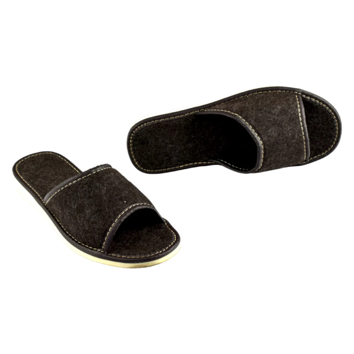 Kapcie damskie z wolnymi palcami, pantofle damskie domowe z filcu w kolorze brązowym