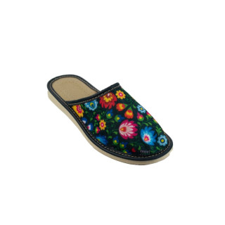 Kryte papcie domowe damskie z motywem łowickim, ciemne kapcie damskie domowe