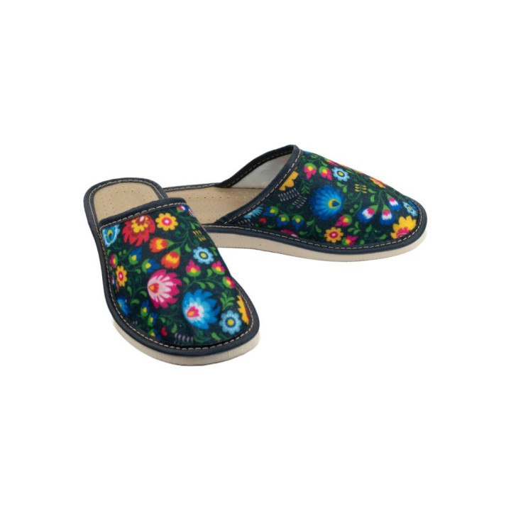 Kryte papcie domowe damskie z motywem łowickim, ciemne kapcie damskie domowe - numer 247