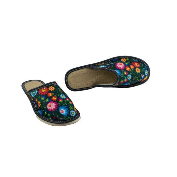 Kryte papcie domowe damskie z motywem łowickim, ciemne kapcie damskie domowe - numer 247