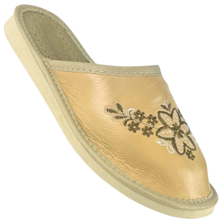 Kryte, beżowe kapcie damskie z motywami kwiatowymi, wygodne pantofle damskie - numer 269