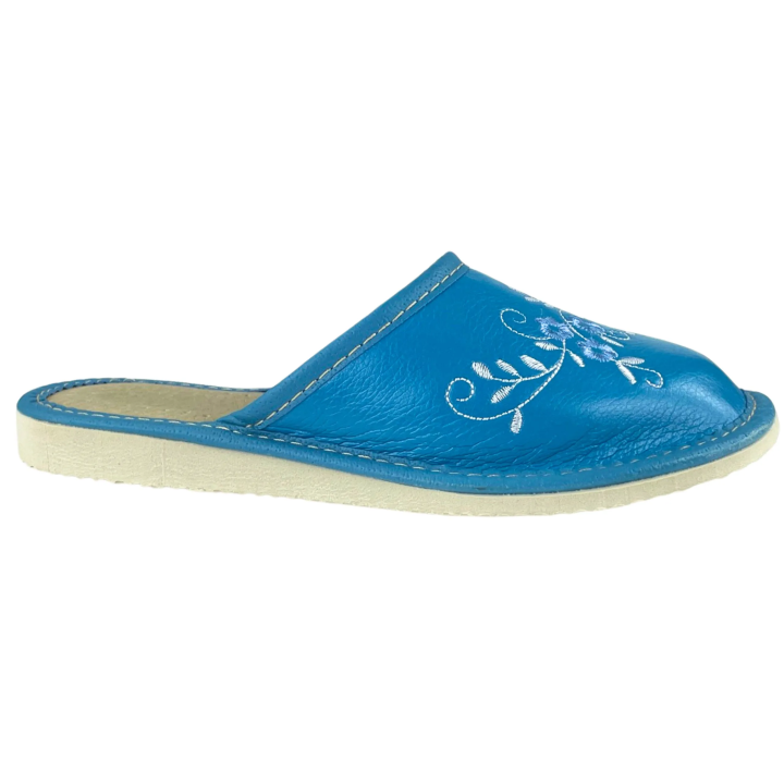 Kryte, niebieskie kapcie damskie z motywami kwiatowymi, wygodne pantofle damskie - numer 273