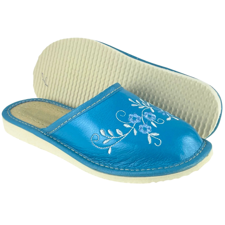 Kryte, niebieskie kapcie damskie z motywami kwiatowymi, wygodne pantofle damskie - numer 273