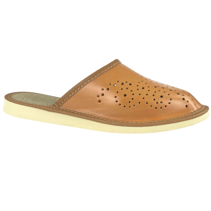 Kryte, ażurowe pantofle damskie w naturalnym odcieniu brązu