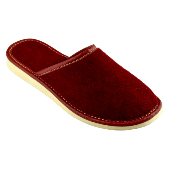 Kapcie domowe damskie z 100% wełny filcowej, bordowe pantofle damskie