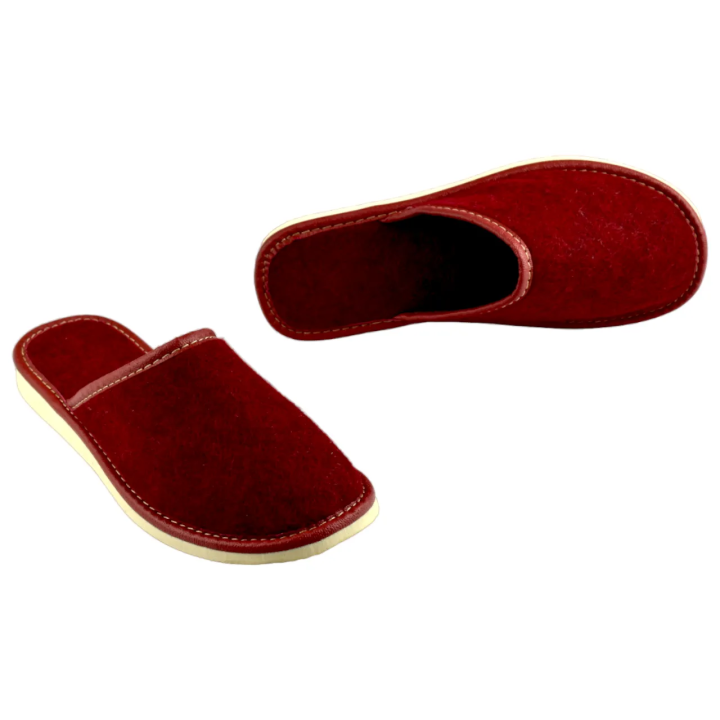 Kapcie domowe damskie z 100% wełny filcowej, bordowe pantofle damskie