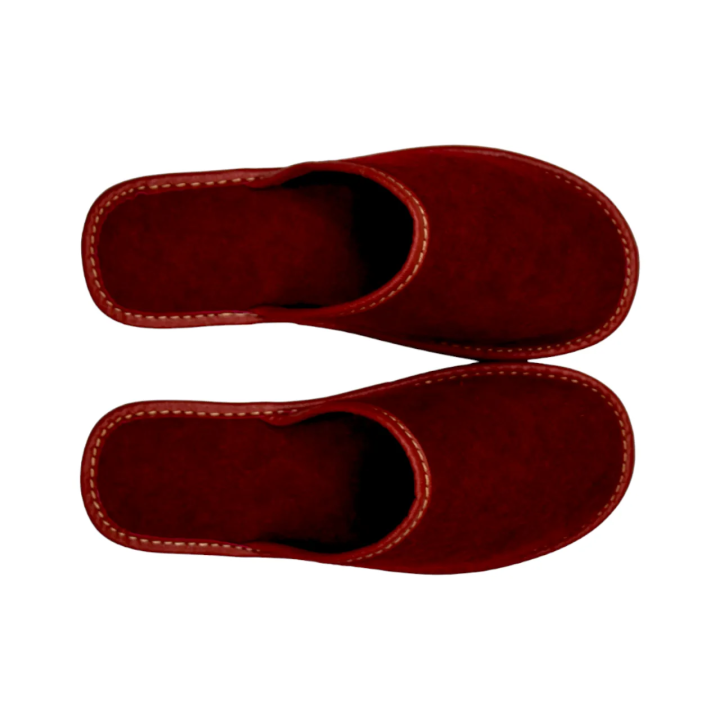 Kapcie domowe damskie z 100% wełny filcowej, bordowe pantofle damskie